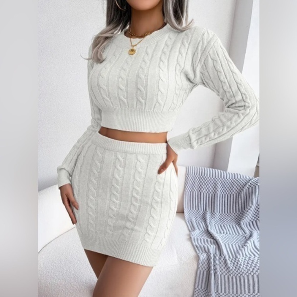 Two Piece Bodycon Cable Knit Skirt Suit